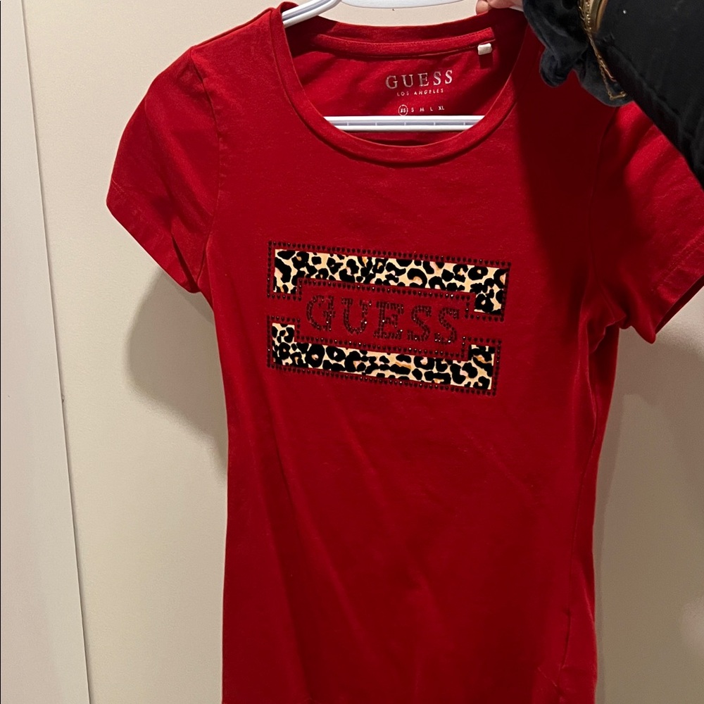 GUESS Red y2k leopard Tee with sparkles